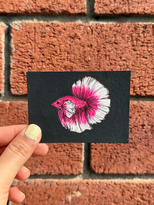 ACEO Original Painting Gouache/Acrylic Gold, Betta Fish, POCKET CREATURES Art, by theilonggaartist aceo art card thumbnail 2
