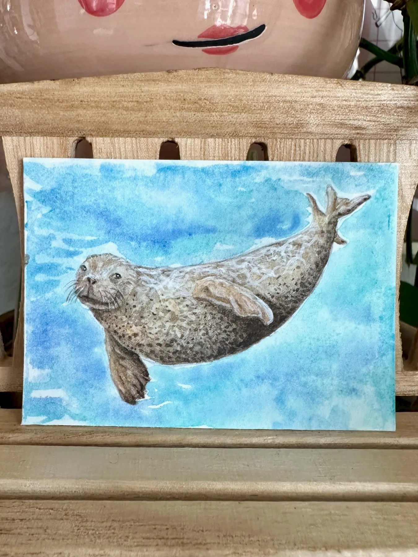 Secret Keeper Floating Seal ACEO Original Watercolor | Ocean Animal Mini Art by Just Jones Studio aceo art card