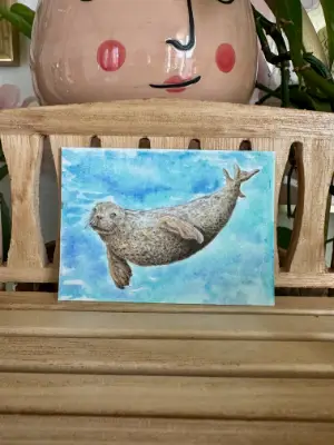 Secret Keeper Floating Seal ACEO Original Watercolor | Ocean Animal Mini Art by Just Jones Studio aceo art card thumbnail 2