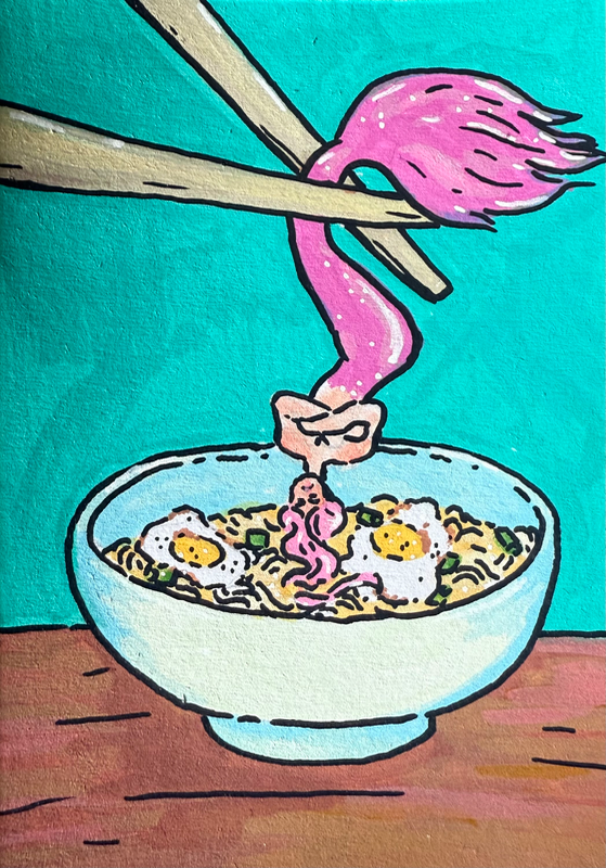 Grumpy Ramen Mermaid aceo art card