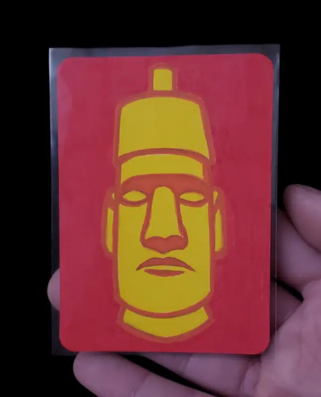 Red abd Yellow Moai of Rapa Nui Easter Island Statue in POSCA Markers aceo art card
