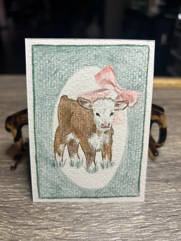 Brown Cow Pink Bow aceo art card