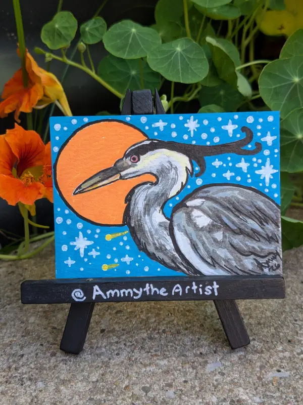 Blue Heron with Full Moon and Stars aceo art card
