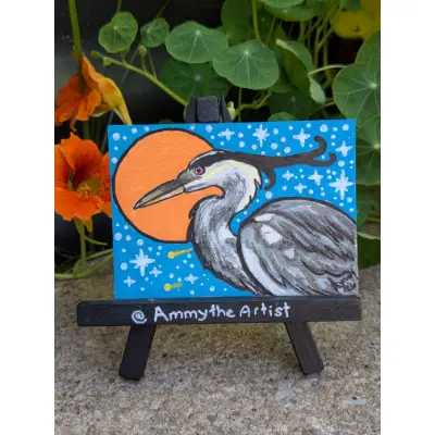 Blue Heron with Full Moon and Stars aceo art card thumbnail 1