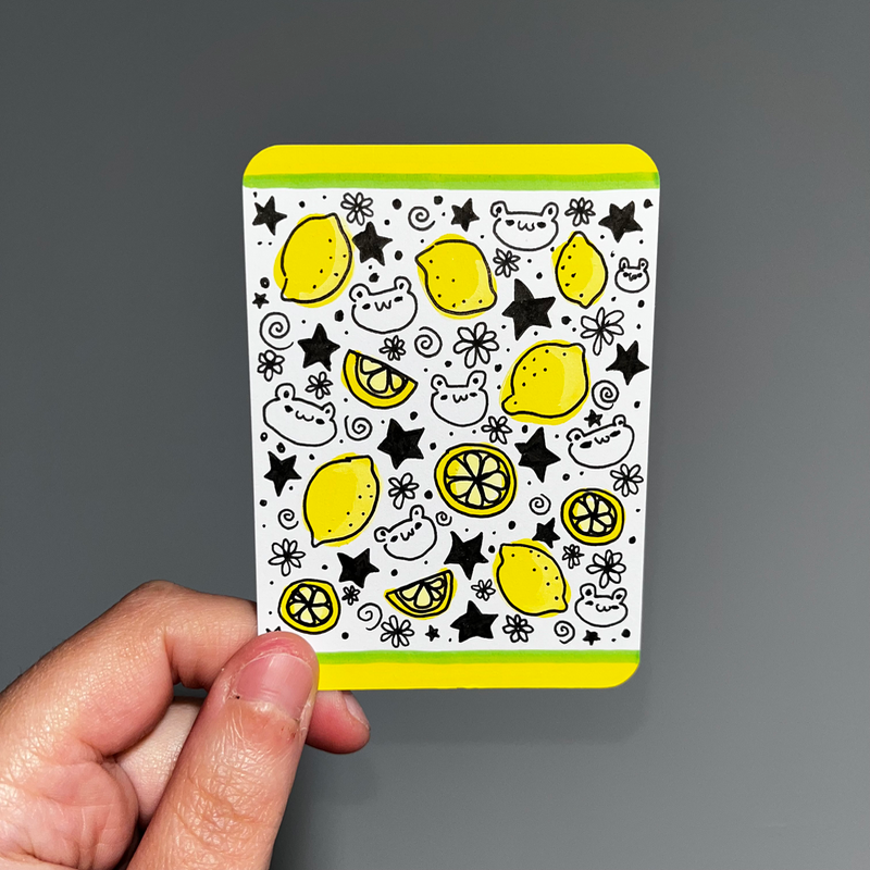 original aceo fruity friends series 2/3 lemon bear teddy floral stars doodle yellow aceo art card