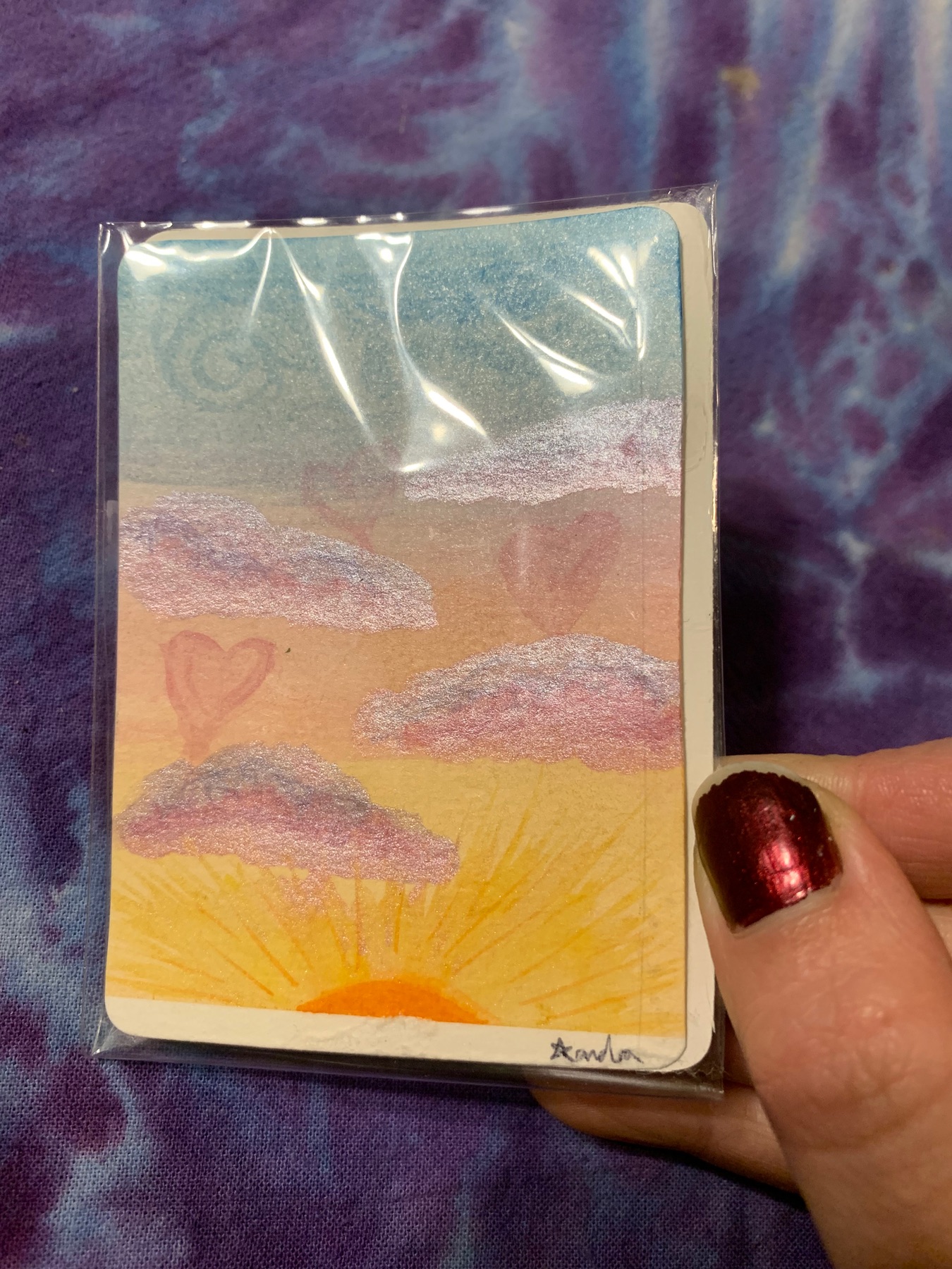 Lovers Sunset. Whimsical sunset with sparkling clouds aceo art card