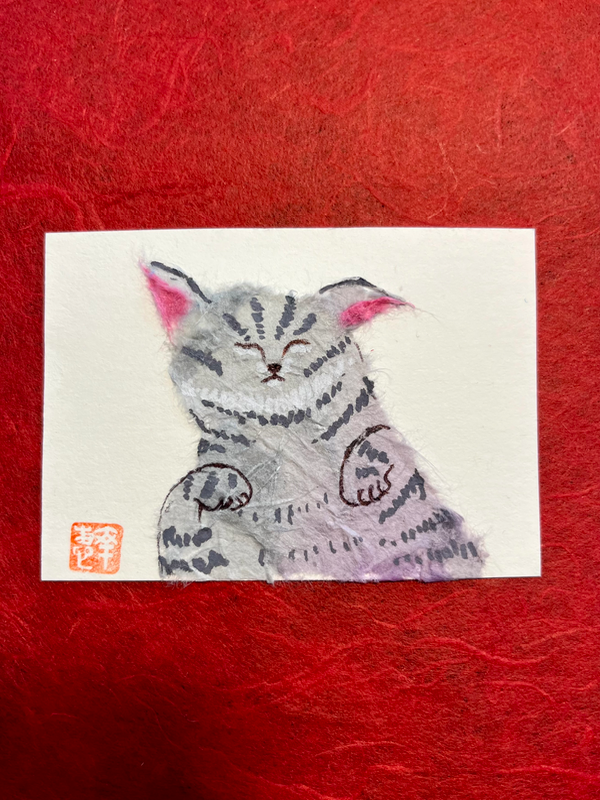 Japanese Washi Art - Boy cat (osuneko) aceo art card