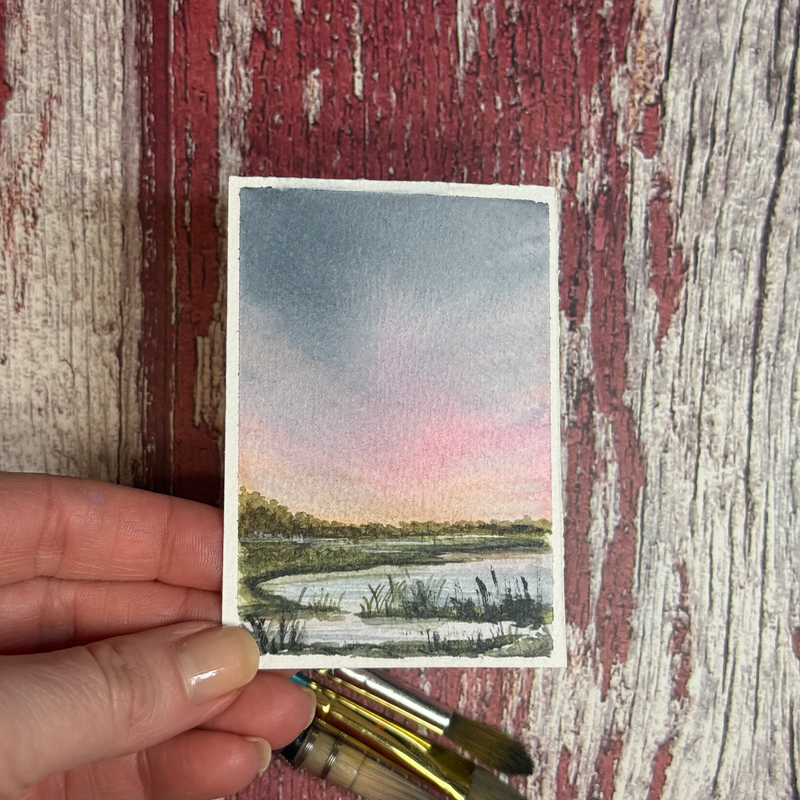 ACEO Watercolor, Landscape, Original, Marsh, “Cotton Candy Marsh”, 3.5x2.5in, By Lark Watercolor aceo art card