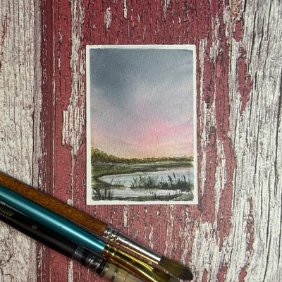 ACEO Watercolor, Landscape, Original, Marsh, “Cotton Candy Marsh”, 3.5x2.5in, By Lark Watercolor aceo art card thumbnail 2
