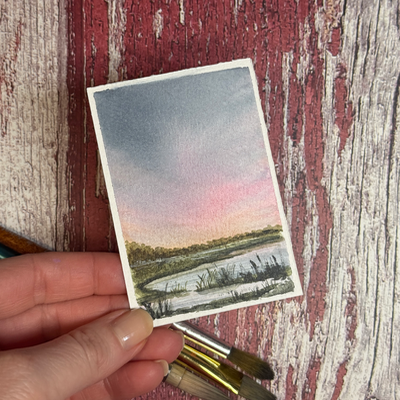 ACEO Watercolor, Landscape, Original, Marsh, “Cotton Candy Marsh”, 3.5x2.5in, By Lark Watercolor aceo art card thumbnail 3