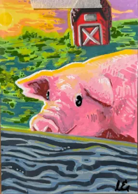 Porcine Pastures - Artist Trading Card ORIGINAL (1/1) - OilByEast aceo art card thumbnail 2