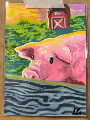 Porcine Pastures - Artist Trading Card ORIGINAL (1/1) - OilByEast aceo art card thumbnail 1