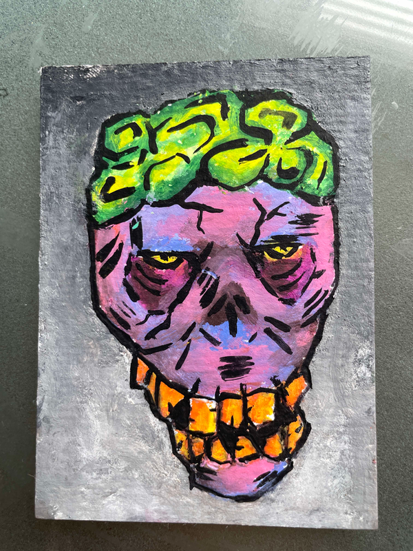 ACEO Original - Pink Neon Monkey Goth Punk Skull Horror Pop Art Drawing Painting aceo art card