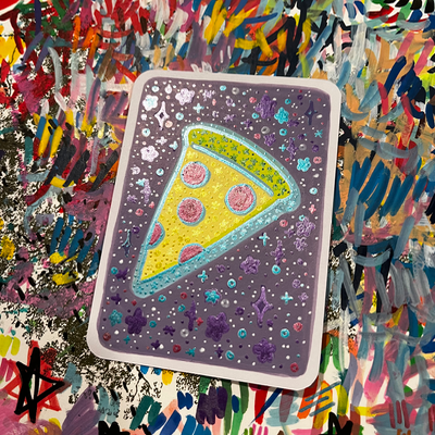 original aceo galactic pizza food space stars metallic aceo art card thumbnail 2