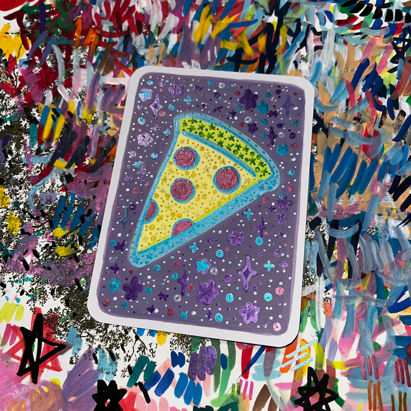 original aceo galactic pizza food space stars metallic aceo art card