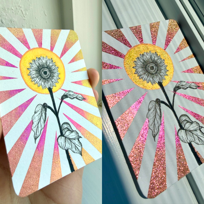 Sunflower flower | floral botanical ink on metallic watercolor illustration aceo art card thumbnail 2