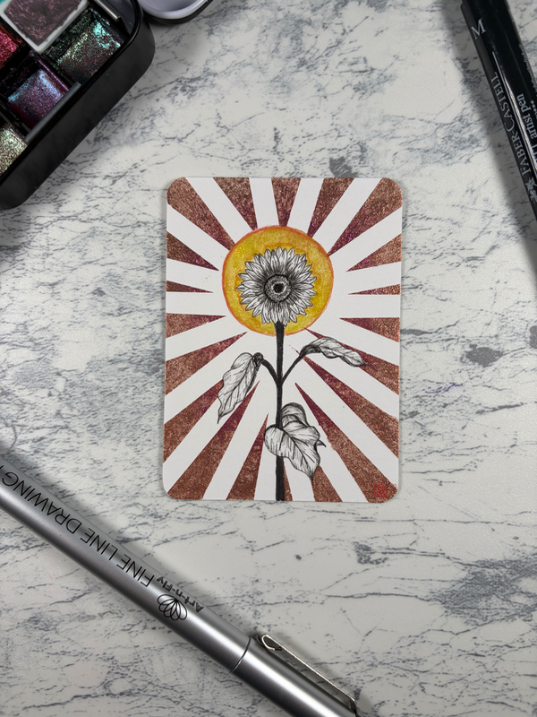 Sunflower flower | floral botanical ink on metallic watercolor illustration aceo art card