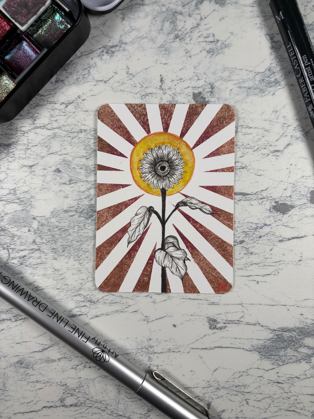 Sunflower flower | floral botanical ink on metallic watercolor illustration aceo art card