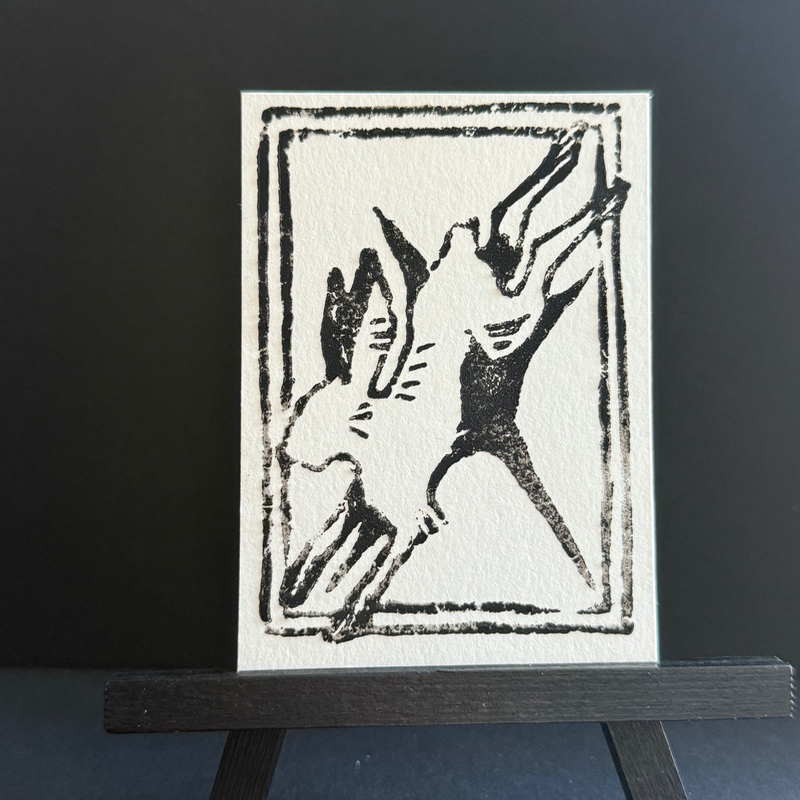 leaping hare lino print 1 of 10 aceo art card