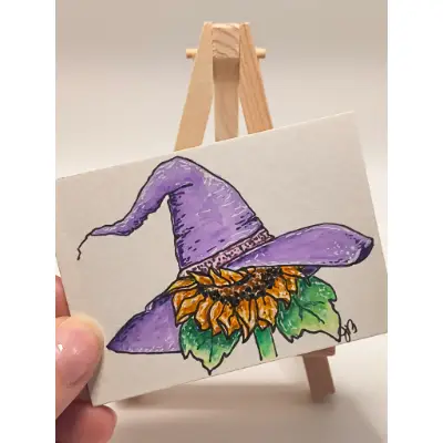 Lavender Hat Sunflower aceo art card thumbnail 2