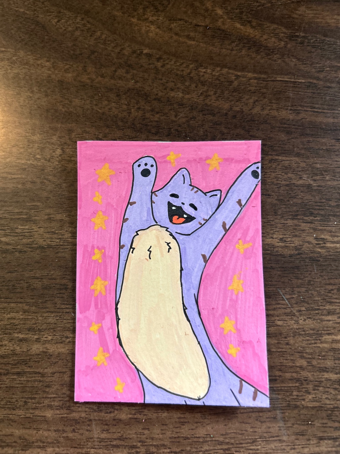 Stretching Purple Cat—DoodleDuck aceo art card