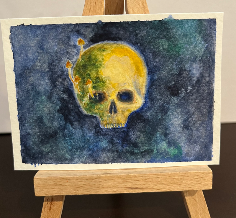 Mossy Mushroom Skull aceo art card