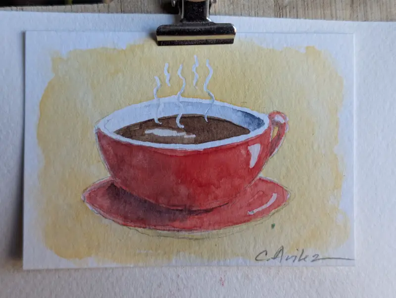ACEO Original Watercolor Red Mug with Steaming Coffee aceo art card