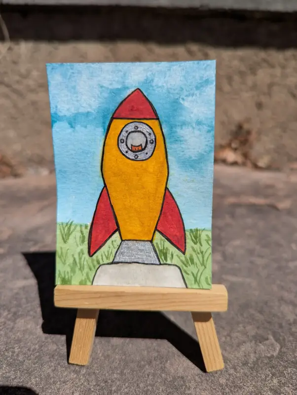 "Spaceship 1" - Watercolor & Gouache Cat Looking out Spaceship Window aceo art card