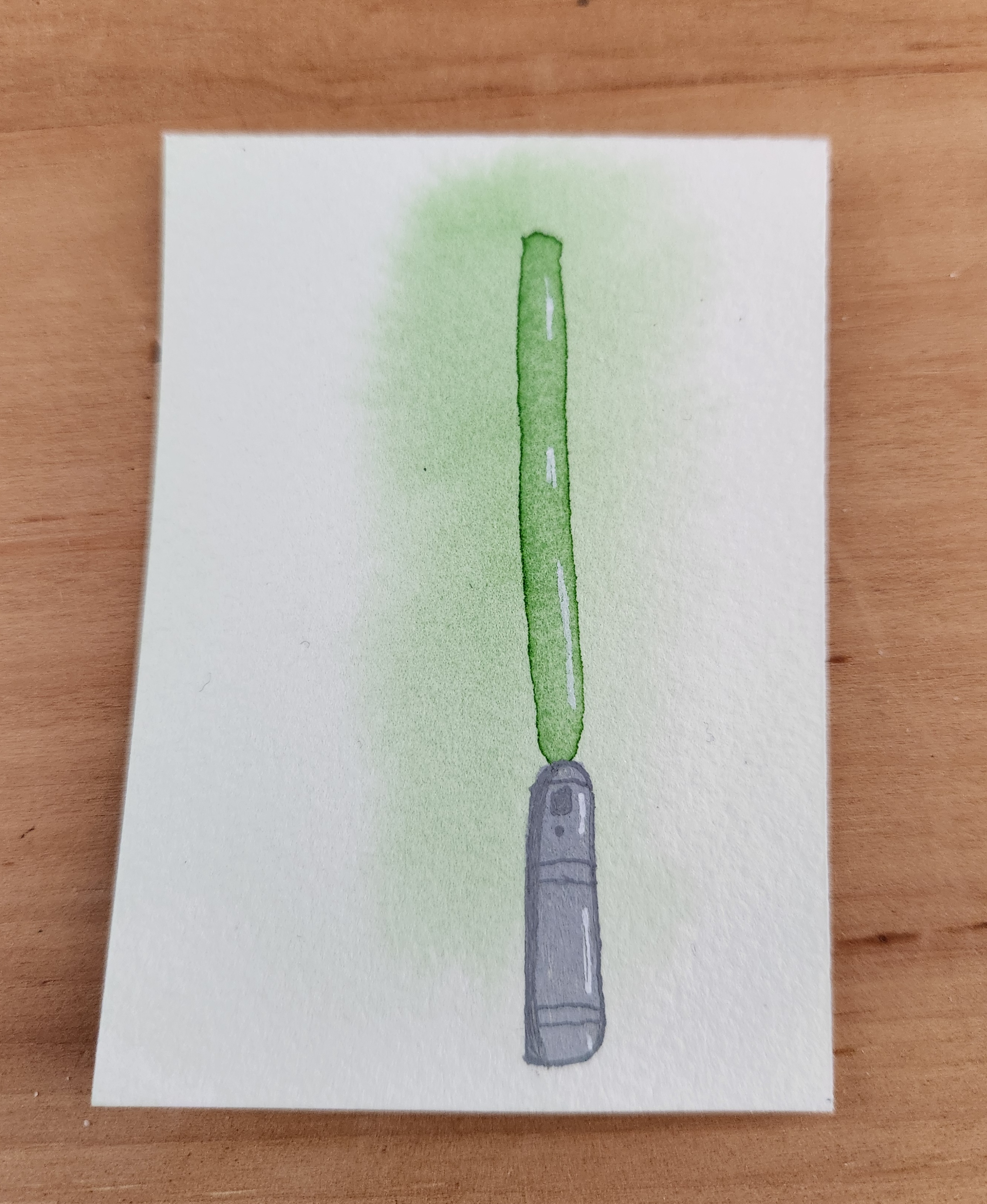 Original Watercolor Green Lightsaber 2.5x3.5in aceo art card