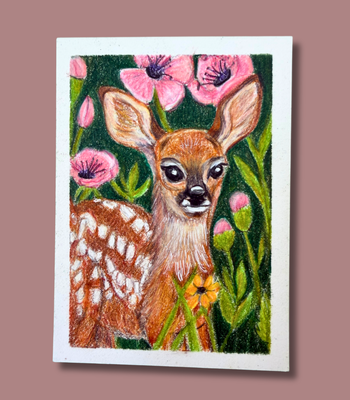 Fawn in the Flowers ACEO Colored - Pencil Drawing on Illustration Board aceo art card thumbnail 2