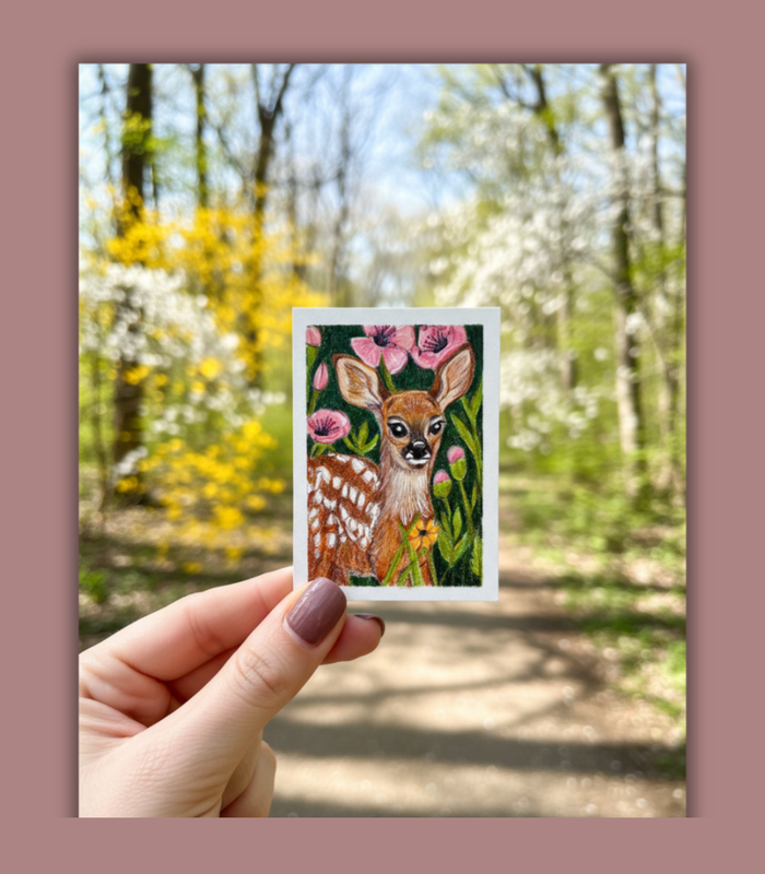 Fawn in the Flowers ACEO Colored - Pencil Drawing on Illustration Board aceo art card
