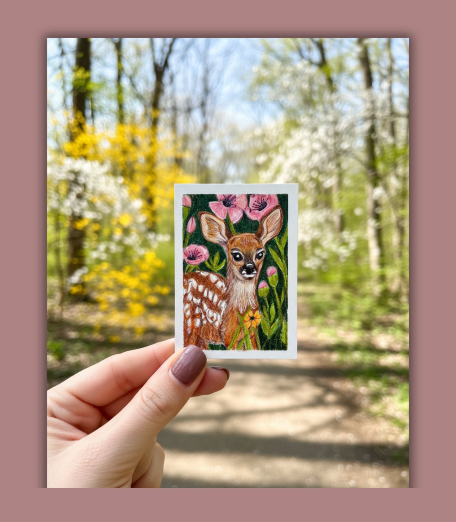 Fawn in the Flowers ACEO Colored - Pencil Drawing on Illustration Board aceo art card