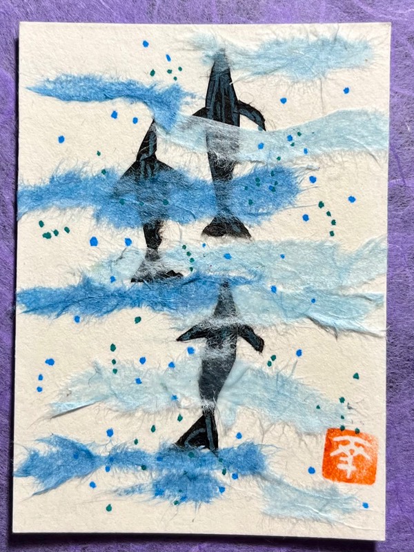 Japanese Washi art- Dolphins swam by! aceo art card