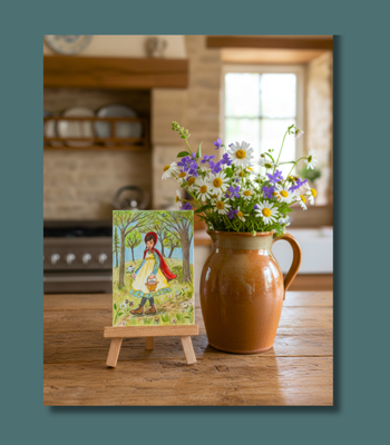 Girl in Red Cape, Fairy Tale ACEO - Colored Pencil & Ink on Illustration Board aceo art card thumbnail 3