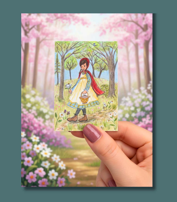 Girl in Red Cape, Fairy Tale ACEO - Colored Pencil & Ink on Illustration Board aceo art card