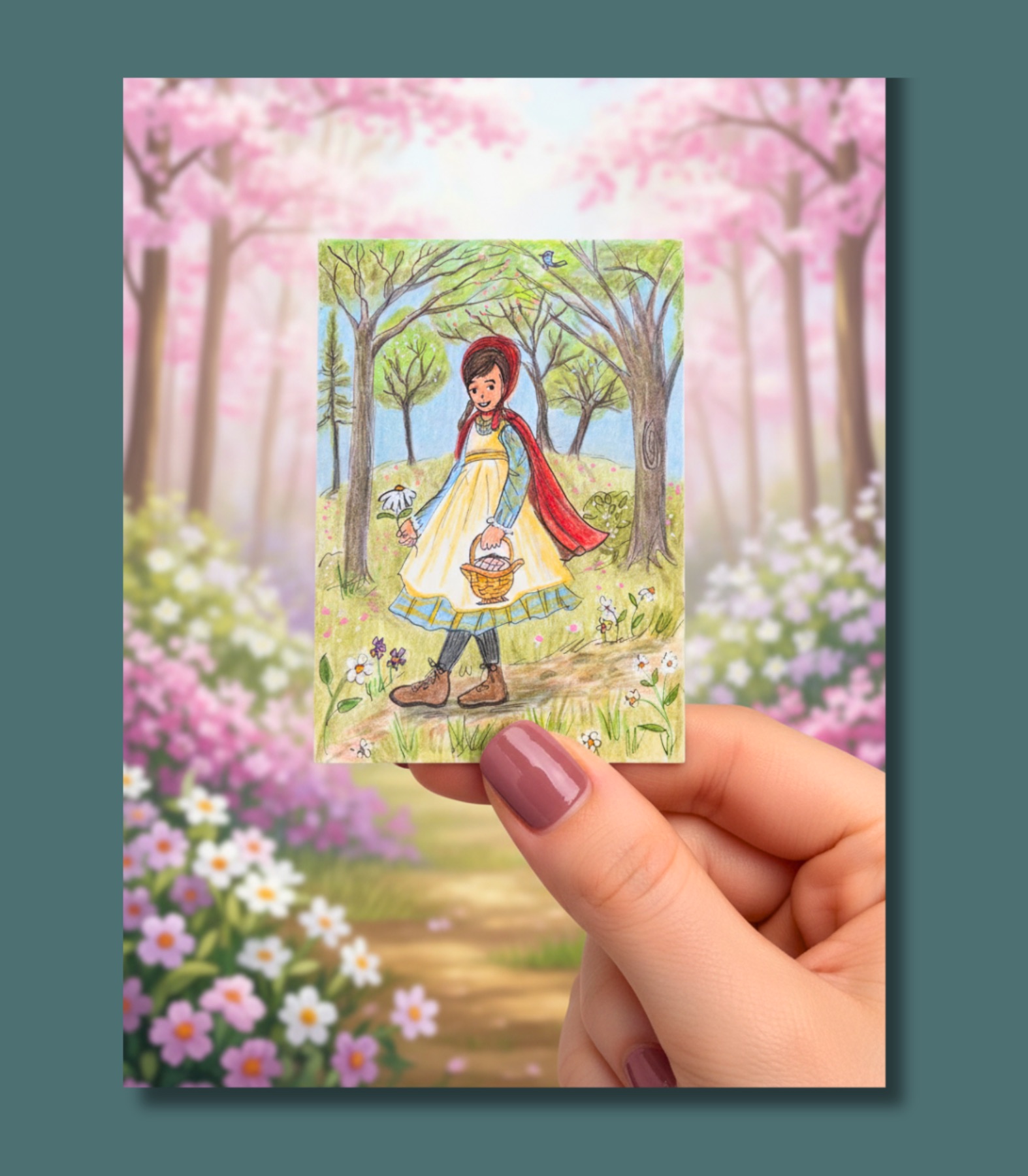 Girl in Red Cape, Fairy Tale ACEO - Colored Pencil & Ink on Illustration Board aceo art card