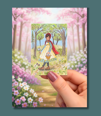 Girl in Red Cape, Fairy Tale ACEO - Colored Pencil & Ink on Illustration Board aceo art card thumbnail 1