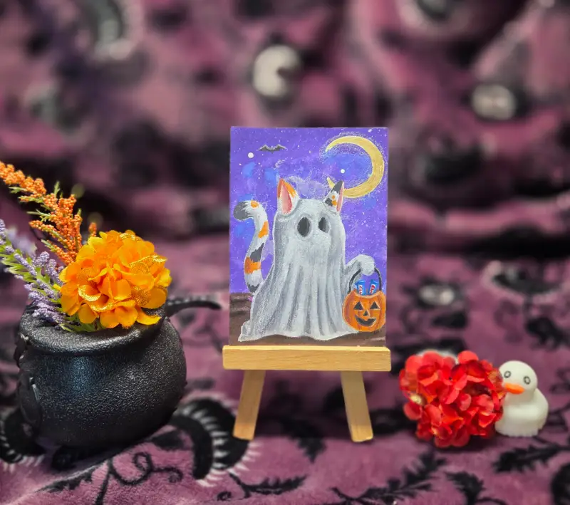 Critter Treats Series 1 of 9, Halloween Spooky Cute Trick or Treat Kitty Cat aceo art card