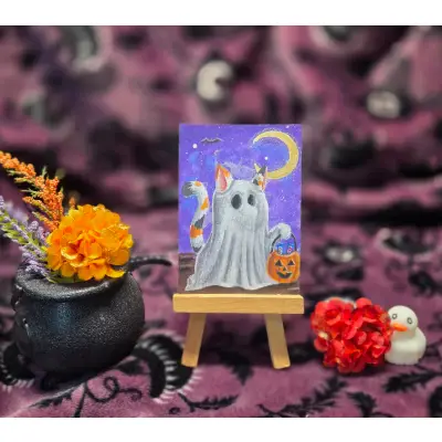 Critter Treats Series 1 of 9, Halloween Spooky Cute Trick or Treat Kitty Cat aceo art card thumbnail 1