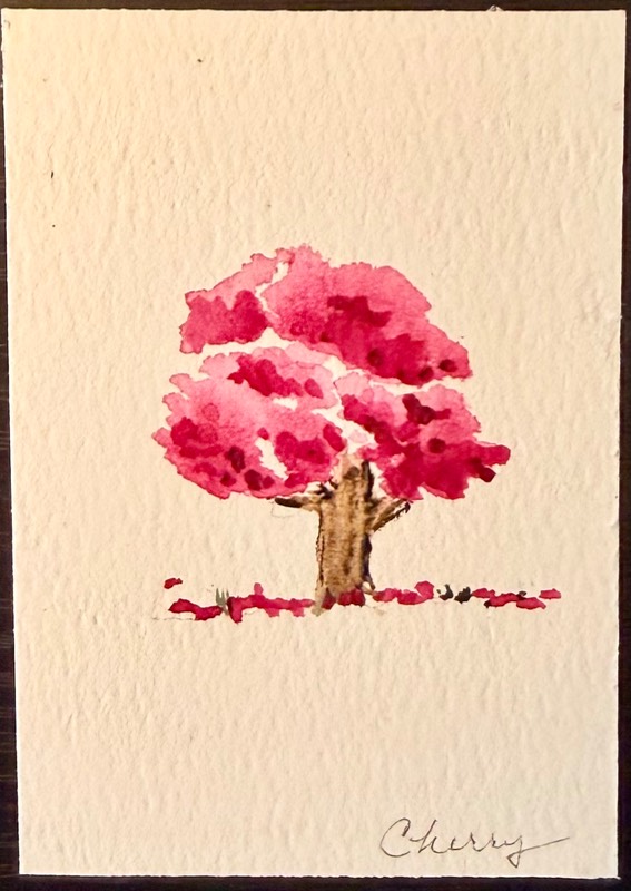 Red Blossom Tree ACEO Watercolor Original Minimalist Nature Miniature aceo art card