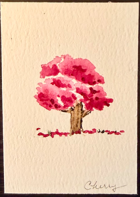 Red Blossom Tree ACEO Watercolor Original Minimalist Nature Miniature aceo art card thumbnail 1