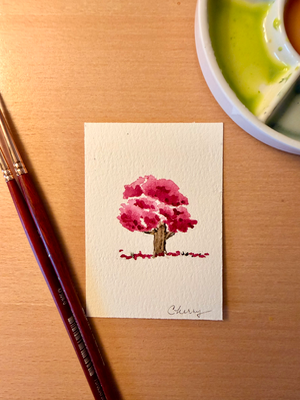 Red Blossom Tree ACEO Watercolor Original Minimalist Nature Miniature aceo art card thumbnail 2