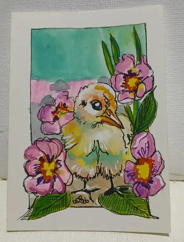 Giftable, Collectible, and Unique – ACEO OOAK Watercolor Chick Among Spring Blossoms aceo art card
