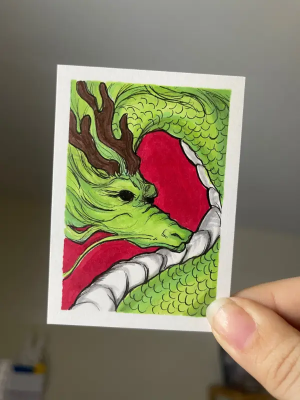 Green Chinese Dragon aceo art card