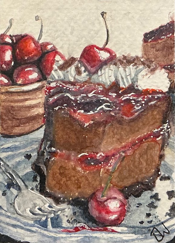 Original ACEO Watercolour Painting "Black Forest Cheese Cake" by Ebony Jasmin Warren aceo art card