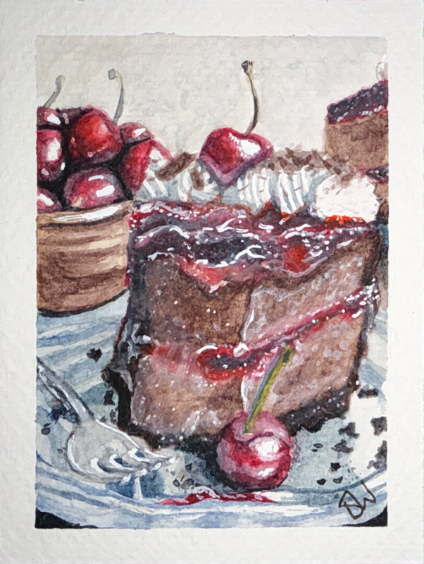 Original ACEO Watercolour Painting "Black Forest Cheese Cake" by Ebony Jasmin Warren aceo art card