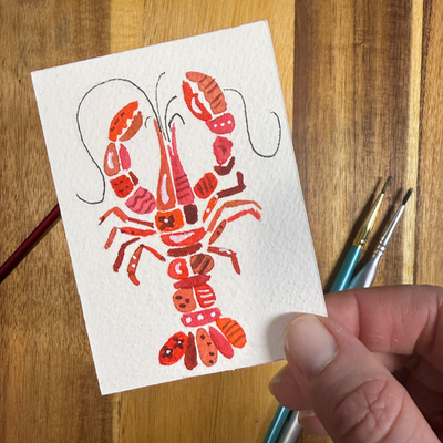 ACEO original, Crawfish, Seafood, Patchwork, Watercolor, 3.5x2.5in, Red,  By Lark Watercolor and Art aceo art card thumbnail 4