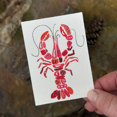 ACEO original, Crawfish, Seafood, Patchwork, Watercolor, 3.5x2.5in, Red,  By Lark Watercolor and Art aceo art card thumbnail 2