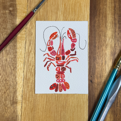ACEO original, Crawfish, Seafood, Patchwork, Watercolor, 3.5x2.5in, Red,  By Lark Watercolor and Art aceo art card thumbnail 3