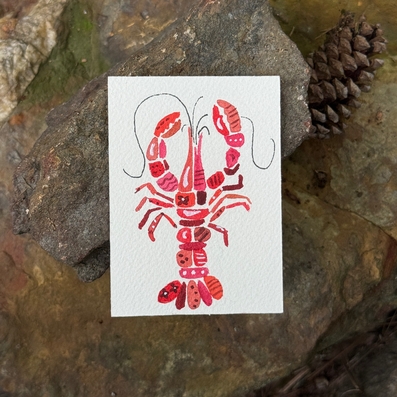 ACEO original, Crawfish, Seafood, Patchwork, Watercolor, 3.5x2.5in, Red,  By Lark Watercolor and Art aceo art card